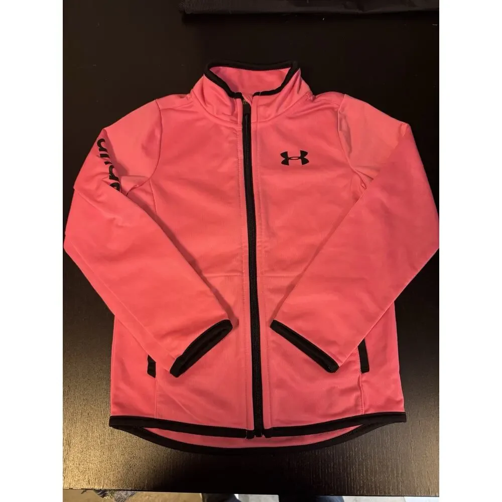 Under Armour Full Zip Sport Jacket Girls Size 5 Hot Pink Black Pockets Logo